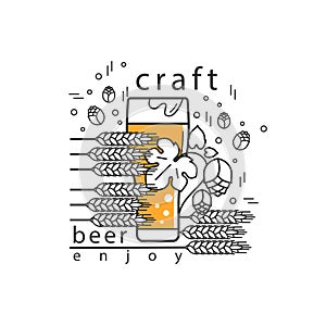 Beer glass, wheat and hops. Brewery logo, craft beer label, alcohol shop, pub icon. Vector symbol in modern line style.