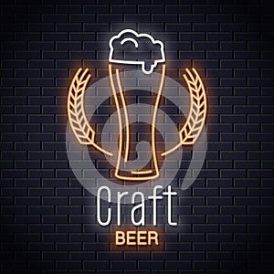 Beer glass with wheat neon logo. Craft brewery