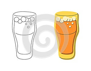 Beer glass on white background. Cartoon sketch graphic design. Flat style. Colored and black white hand drawn image. Party drink