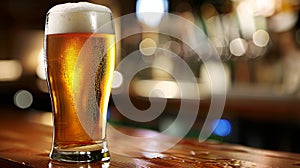 Beer glass on wood table in bar with blurred background, providing ample space for text placement