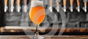 Beer glass on wooden bar table, blurred background, ample space for text placement