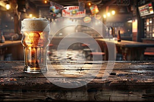 Beer glass on wooden bar table with blurred background in pub, copy space for text