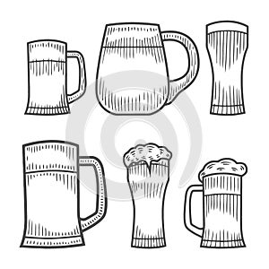 Beer glass, wooden mug.