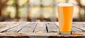 Beer glass on wooden table in bar with blurred background, ideal for text placement