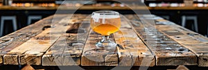 Beer glass on wooden table with blurred bar background, ideal for text placement