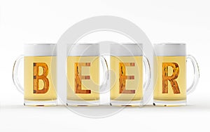 Beer glasses with amber crystal font 3D rendering