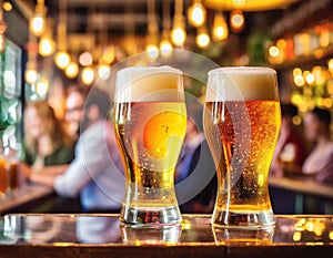 Beer glasses on the bar in crowded pub interior with lights