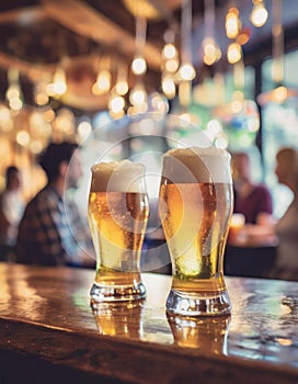 Beer glasses on the bar in crowded pub interior