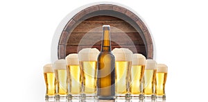 Beer glasses and a bottle on white background. 3d illustration