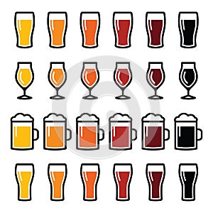 Beer glasses different types icons - lager, pilsner, ale, wheat beer, stout