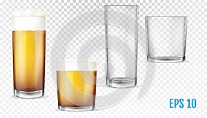 Beer glasses. Empty and full transparent cup