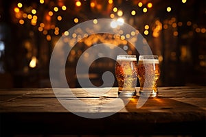 Beer glasses gather around the barrel on a rich wooden table