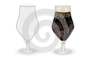 Beer glasses isolated on white background. Empty and full dark beer mug.