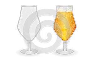 Beer glasses isolated on white background. Empty and full lager mug. Tall goblet with leg for beer.