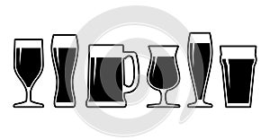 Beer glasses and mugs icons set. Alcoholic beverage menu collection set. Labeled visualization with various glasses