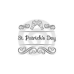 Beer glasses, mugs. Saint Patrick s Day symbol. Swirls, ornate frames. Vector illustration.