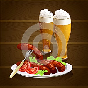 Beer glasses, sausages, wooden background