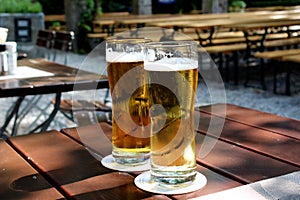 Beer glasses on the table in garden.