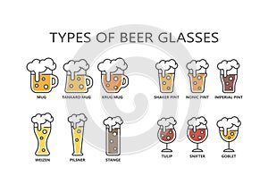 Beer glasses types colorful cartoon with editable stroke.