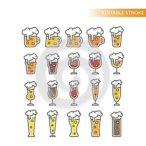 Beer glasses types colorful cartoon with editable stroke