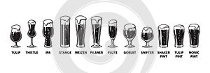 Beer glassware guide. Various types of beer glasses. Hand drawn vector illustration on white background.