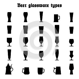 Beer glassware set. Various types of beer glasses and mugs. Black silhouettes on white background, isolated.