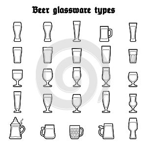 Beer glassware set. Various types of beer filled glasses and mugs. Black outline icones on white background, isolated. photo