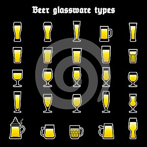 Beer glassware set. Various types of beer filled glasses and mugs. Color icones on black background, isolated.