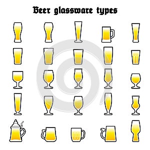 Beer glassware set. Various types of beer filled glasses and mugs. Color icones on white background, isolated. photo