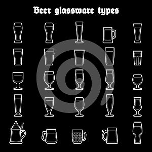 Beer glassware set. Various types of beer filled glasses and mugs. White outline icones on black background, isolated. photo