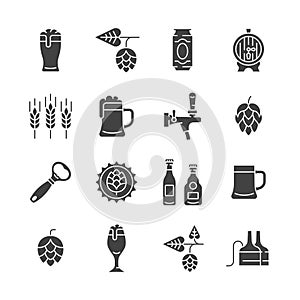 Beer glyph icon set. Vector collection symbol with mug of beer, hop cone, barley ear, barrel, opener