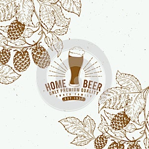 Beer hop design template. Retro beer background. Vector hand drawn hop illustration. Vintage style banner.