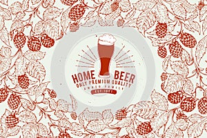 Beer hop design template. Retro beer background. Vector hand drawn hop illustration. Vintage style frame.