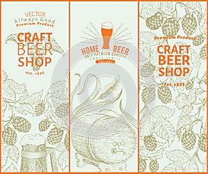 Beer hop design templates. Retro beer background. Vector hand drawn hop illustration. Vintage style banner set.