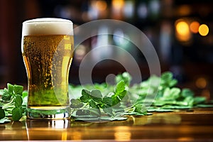 beer, hops and clover on a wooden table, Oktober Fest and St. Patrick's Day
