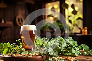 beer, hops and clover on a wooden table, Oktober Fest and St. Patrick's Day