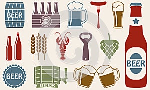 Beer icons set: bottle, opener, glass, tap, barrel. Symbols and design elements for restaurant, pub or cafe.