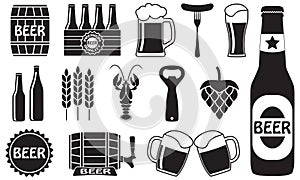 Beer icons set: bottle, opener, glass, tap, barrel. Symbols and design elements for restaurant, pub or cafe. Vector illustration.