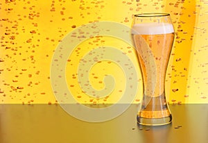 Beer illustration, blonde ale draft in a glass on yellow bubbles background