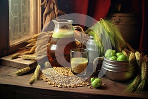 beer ingredients: barley, hops, and water on table