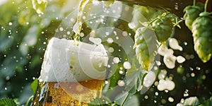 beer or kombucha pour in glass splashing foaming golden drinks, hops and green