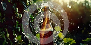 beer or kombucha splashing foaming from bottle golden drinks, hops and green