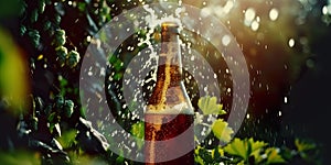 beer or kombucha splashing foaming from bottle golden drinks, hops and green