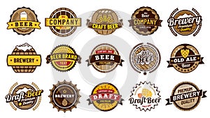 Beer label badges. Retro beers brewery, lager bottle badge and vintage beer emblem isolated vector illustration set