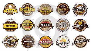 Beer label badges. Retro beers brewery, lager bottle badge and vintage beer emblem isolated vector illustration set photo