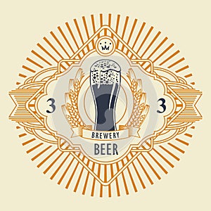 Beer label or banner with glass of frothy beer