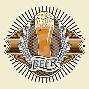 Beer label or banner with a glass of frothy beer