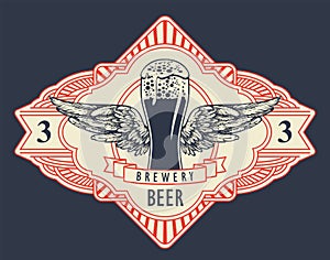 Beer label or banner with glass of frothy beer