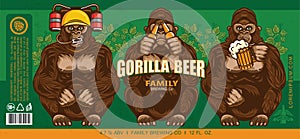 Beer Label Design With Three Wise Gorillas With Beer. Vector Illustration.