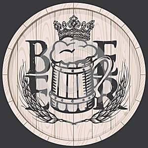 Beer label on wooden cask with full beer mug